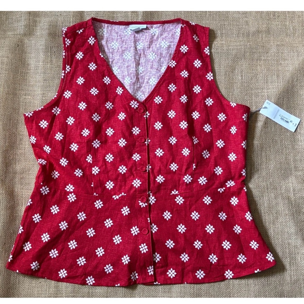 Red Floral Medallion Linen Blend Top Shirt Size XL Sleeveless Button Up Boho